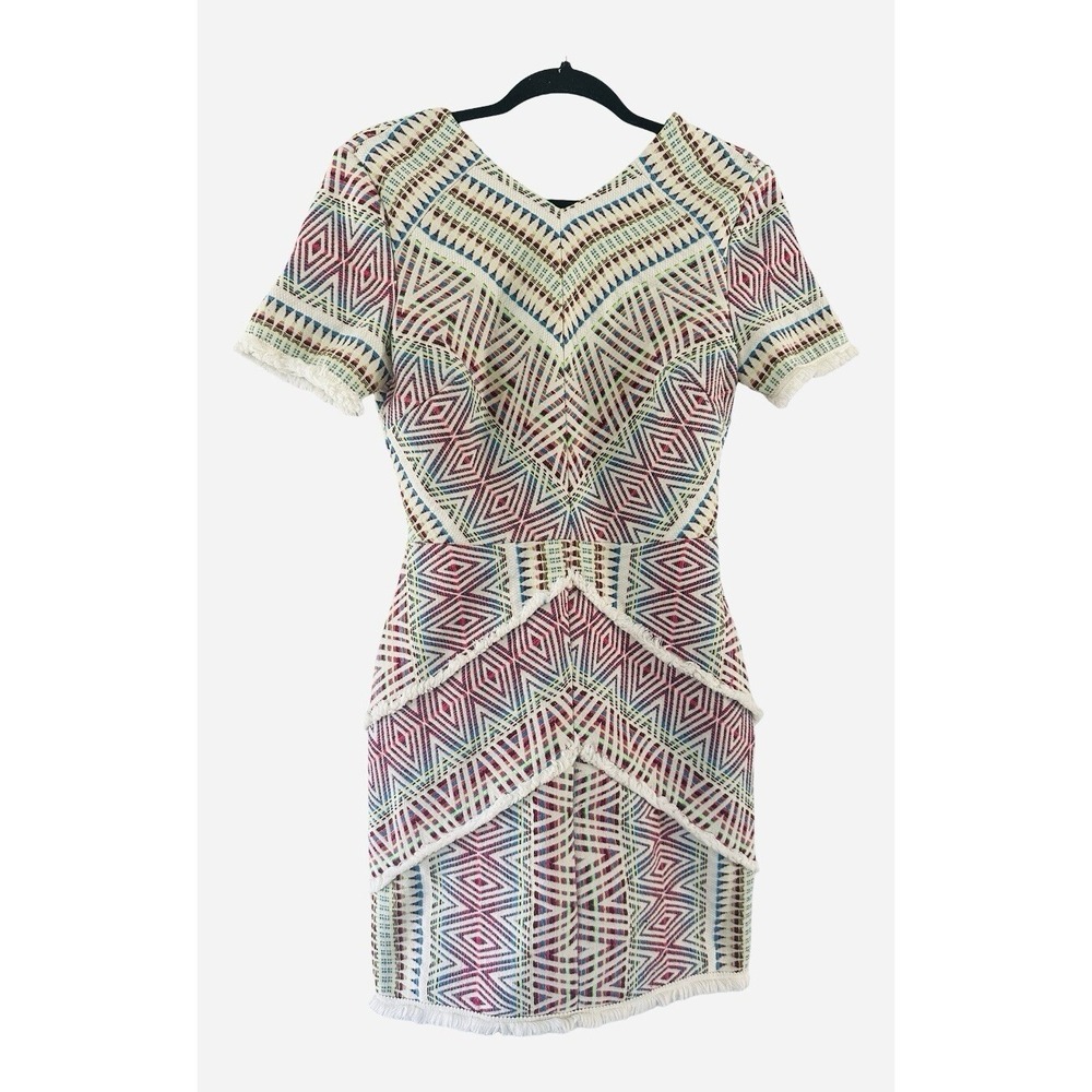 Adelyn Rae Geometric Textured Mini Dress Size Small Cutout Back Fringe Trim Boho